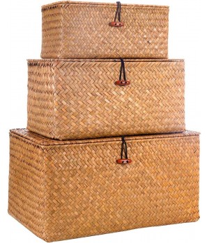 Home Bath Cosmetic Towel Organization Handicraft Handmade Seaweed Finishing Storage Box Woven Seagrass Basket With Lid