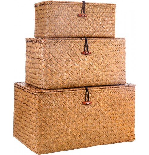 Home Bath Cosmetic Towel Organization Handicraft Handmade Seaweed Finishing Storage Box Woven Seagrass Basket With Lid